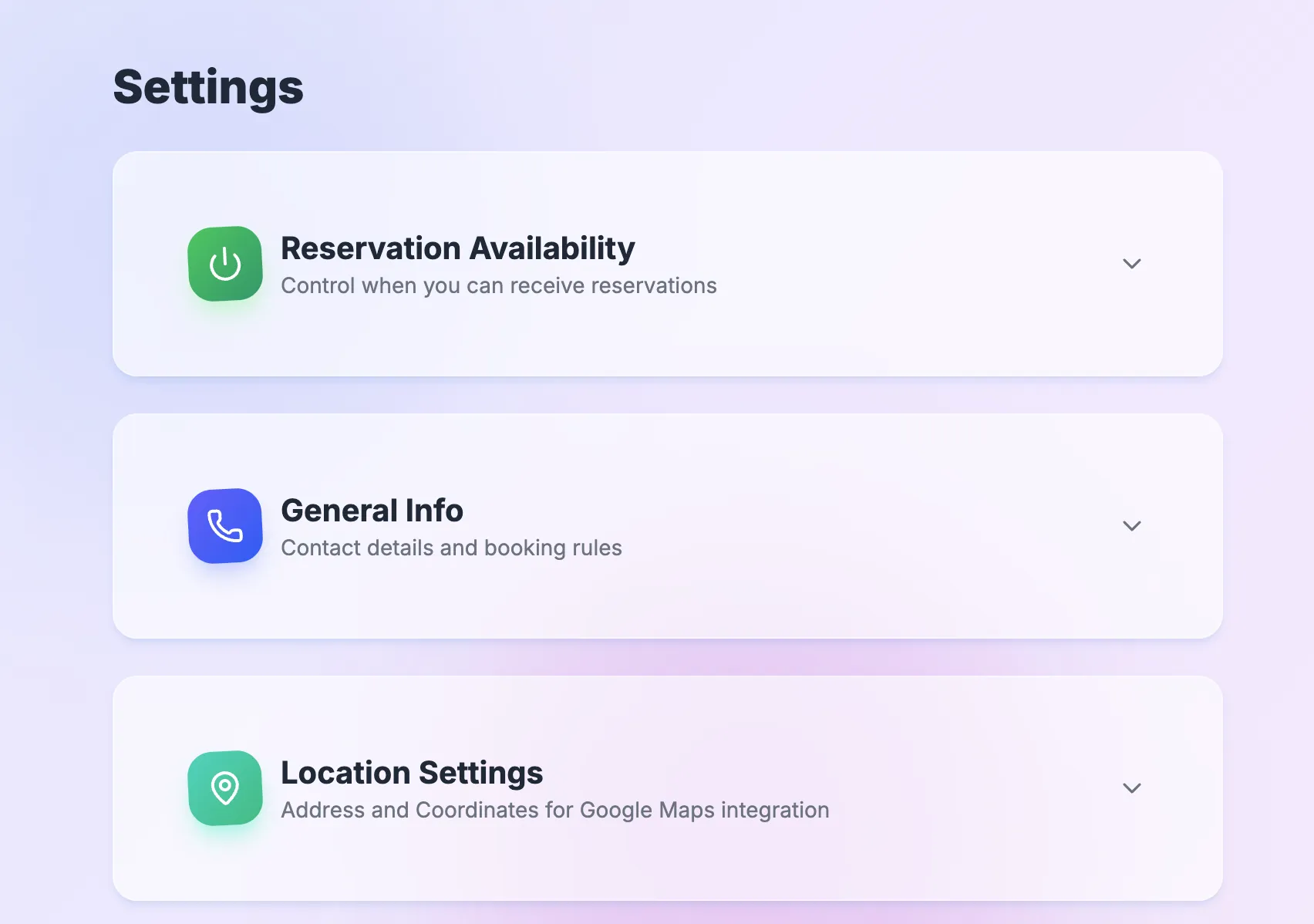 Kinetix Tables booking configuration settings